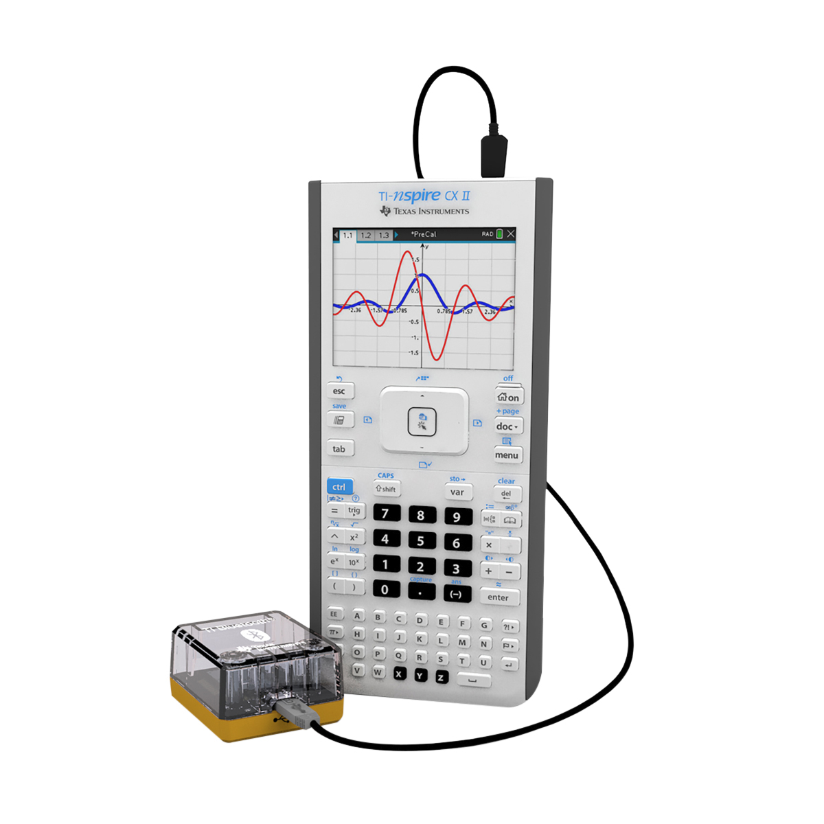 TI-Bluetooth Adapter zur Verbindung mit TI-Grafikrechnern via Kabel, ermöglicht wireless Verbindung von Vernier GDX Sensoren