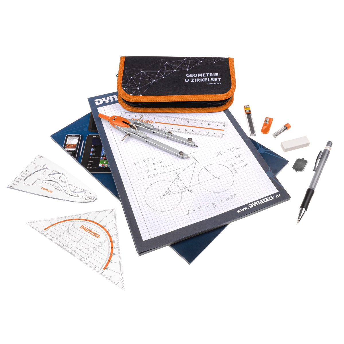 DynaTech Geometrie- und Zirkelset (13-teilig) Etui mit Reißverschluss in orange